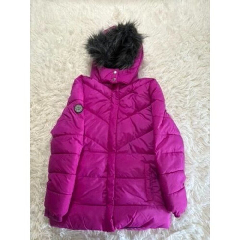 Justice Girls Puffer Jacket With Faux Fur Hood M 10 Pink Polyester